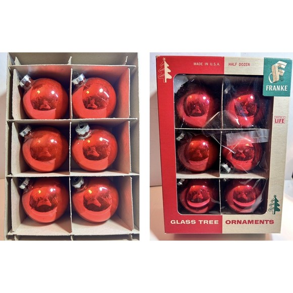 6 Vintage Franke Metallic Red Mercury Glass Christmas Balls Ornaments w Box MCM - Picture 1 of 16
